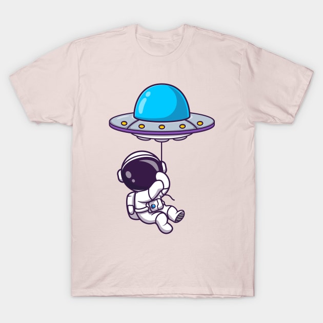 Cute Astronaut Floating With UFO Balloon Cartoon T-Shirt by Catalyst Labs